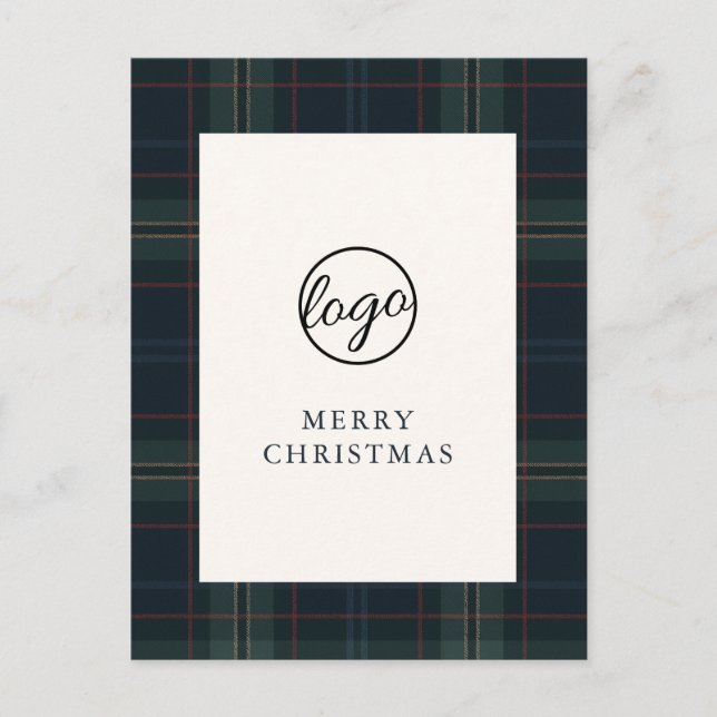 Postal Festiva Navidades de negocios de Marina Blue y Green Plaid (Anverso)