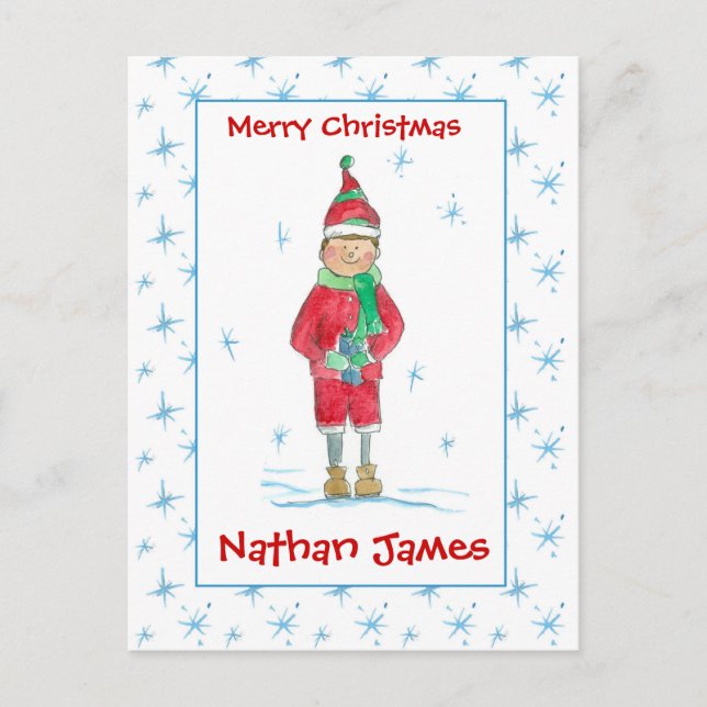 Postal Festiva Navidades de nietos Elf Snowflakes Personalizado N (Anverso)