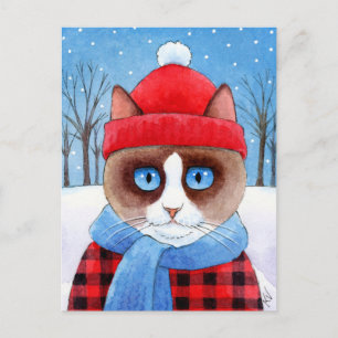 Postal Festiva Navidades de nieve de gato lindo Ragdoll Snowshoca