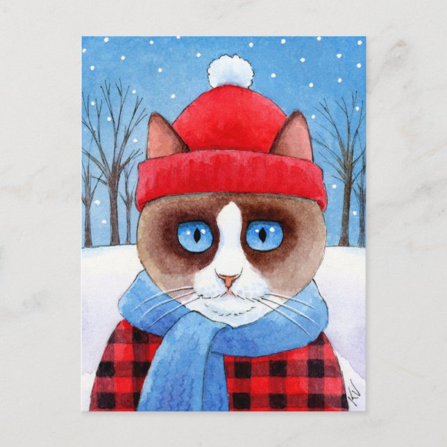 Postal Festiva Navidades de nieve de gato lindo Ragdoll Snowshoca (Anverso)