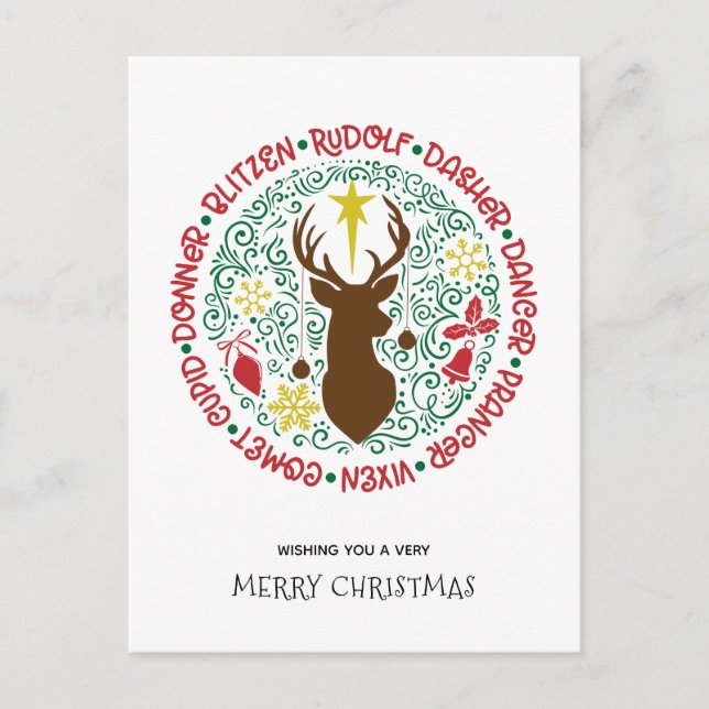 Postal Festiva Navidades de nombres de renos de guion rojo divert (Anverso)