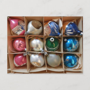 Postal Festiva Navidades de ornamentos de época foto azul rosado 