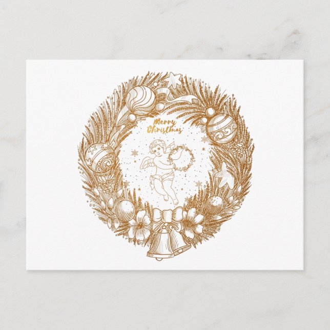 Postal Festiva Navidades de Oro Angel-Wreath-Merry Christmas (Anverso)
