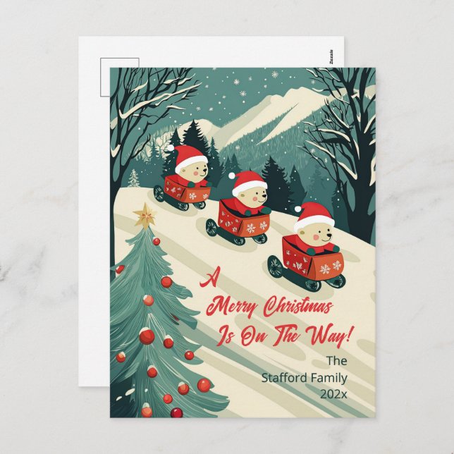 Postal Festiva Navidades de Osos Retro Cute (Anverso / Reverso)