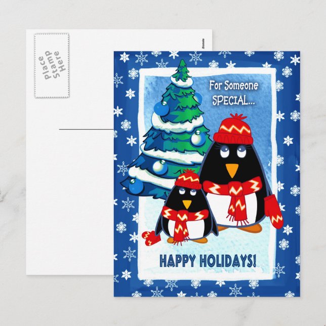 Postal Festiva Navidades de pequeños pingüinos (Anverso / Reverso)