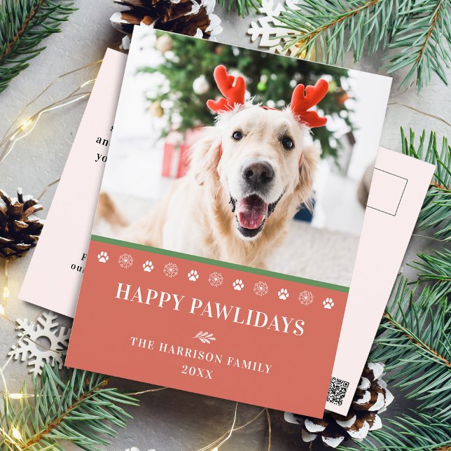 Postal Festiva Navidades de perro fotografíen Happy Pawlidays (Dog Christmas Photo Happy Pawlidays Holiday Postcard)