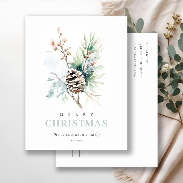 Postal Festiva Navidades de Pine Cone Watercolor Winter Berries (Subido por el creador)