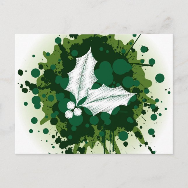 Postal Festiva Navidades de pintura salpicados Holly Design (Anverso)