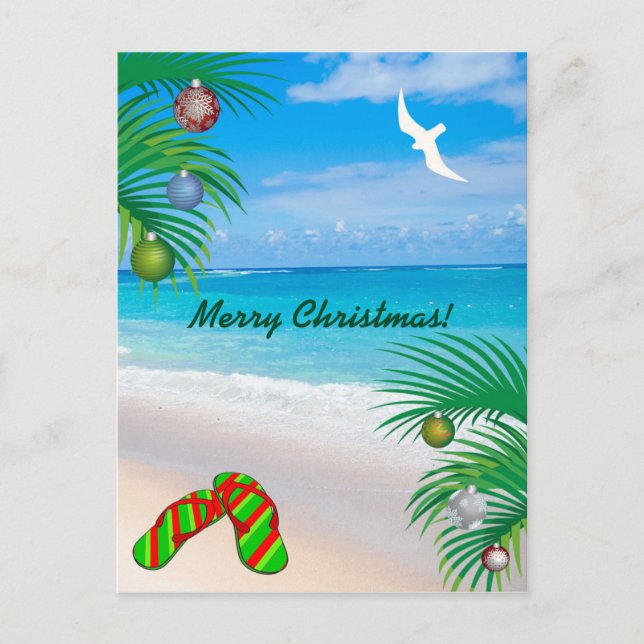 Postal Festiva Navidades de Playa Tropical, Palmeras y Flip Flops (Anverso)