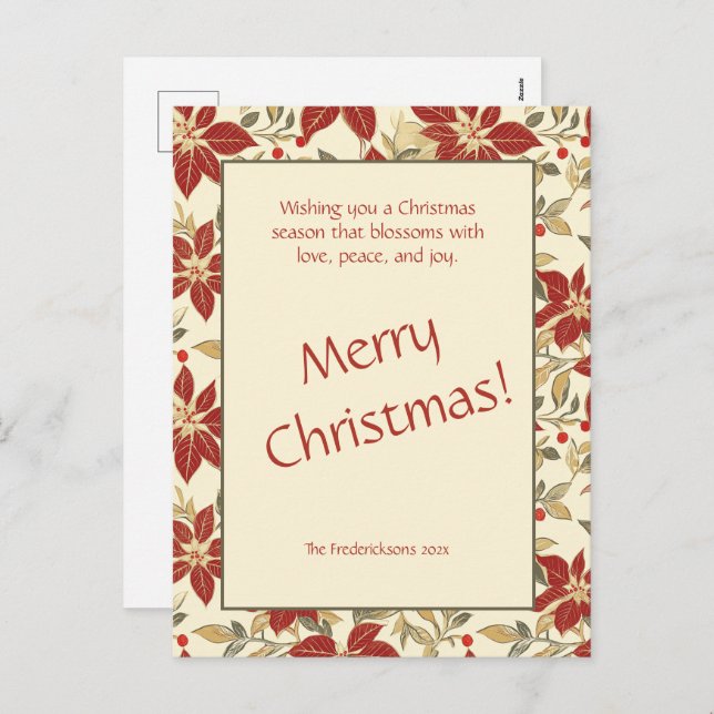 Postal Festiva Navidades de Poinsettias de color verde rojo (Anverso / Reverso)