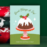 Postal Festiva Navidades de pudding de ciruela del siglo medio<br><div class="desc">Esta bonita y colorida tarjeta postal de Navidades incluye un ilustracion de pudín de ciruela dibujado a mano sobre un puesto de pasteles de Navidad y manteles texturados. Los colores modernos retro de mediados de siglo le dan un toque nostálgico. La tipografía de estilo dice: "¡Dulces oscilaciones de alegría!" Las...</div>
