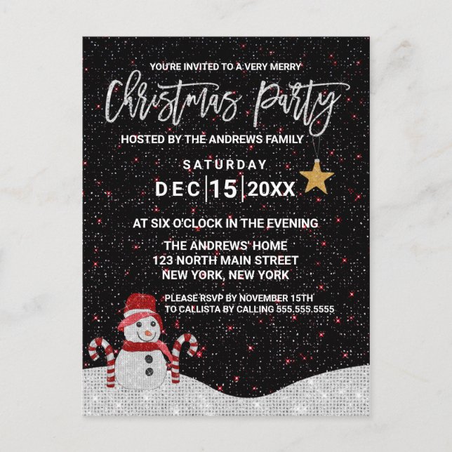 Postal Festiva Navidades de Purpurinas de la Noche Cielo Blanco y (Anverso)