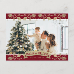 Postal Festiva Navidades de Red Gold Holly bendicen foto cristian