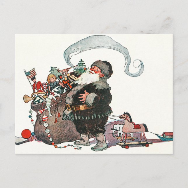 Postal Festiva Navidades de regalos del Viejo Elf Santa Claus (Anverso)