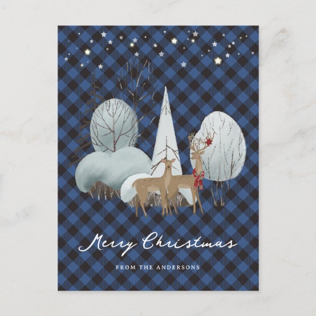 Postal Festiva Navidades de renos de Blue Plaid (Anverso)