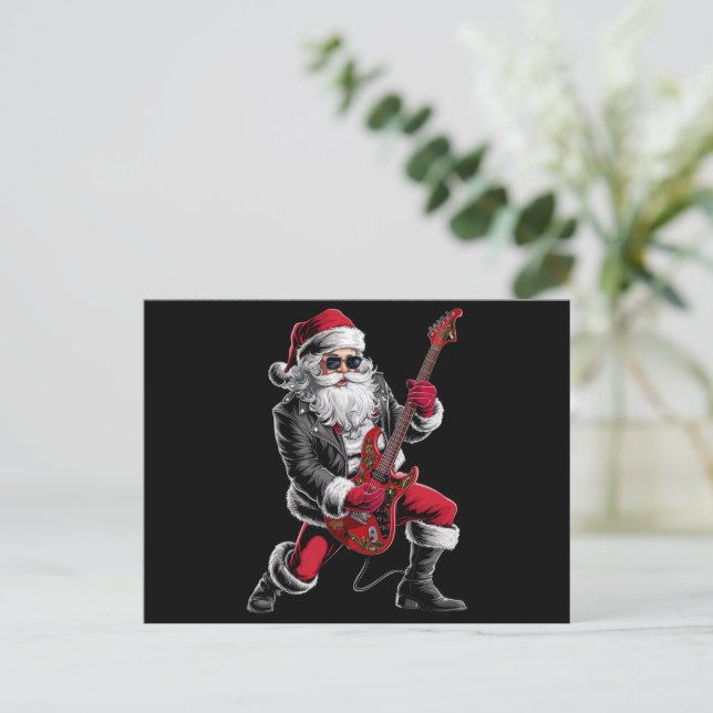Postal Festiva Navidades de rock y rock Santa Claus guitarrista (Anverso de pie)