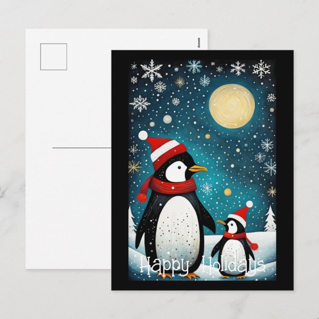 Postal Festiva Navidades de Santa Pingüino de Invierno de Luna Ll (Anverso / Reverso)