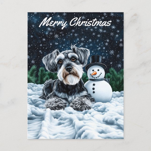 Postal Festiva Navidades de Schnauzer y Snowman (Anverso)