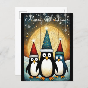 Postal Festiva Navidades de String Light Full Moon Santa Penguin