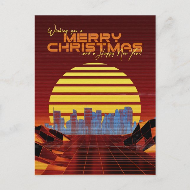 Postal Festiva Navidades de Synthwave naranja (Anverso)