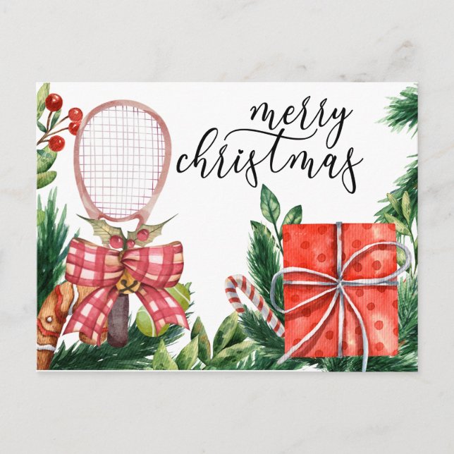 Postal Festiva Navidades de tenis con acuarela de raqueta (Anverso)