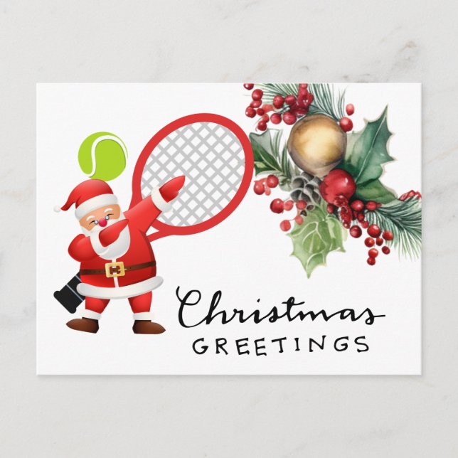Postal Festiva Navidades de tenis con acuarela de raqueta (Anverso)