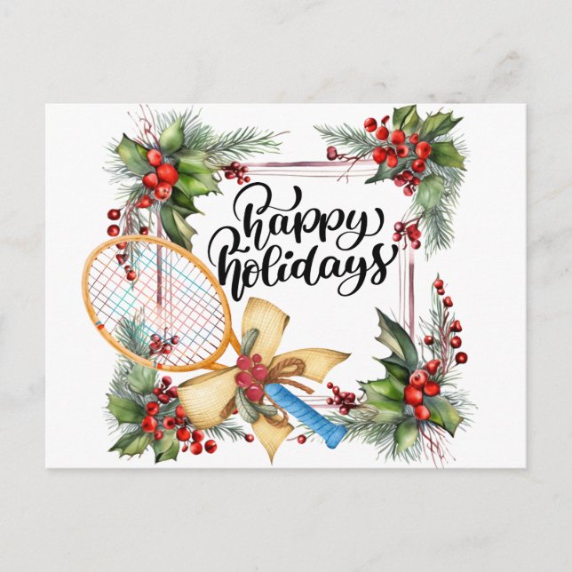 Postal Festiva Navidades de tenis con acuarela de raqueta (Anverso)