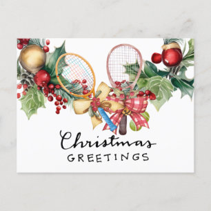 Postal Festiva Navidades de tenis con acuarela de raqueta