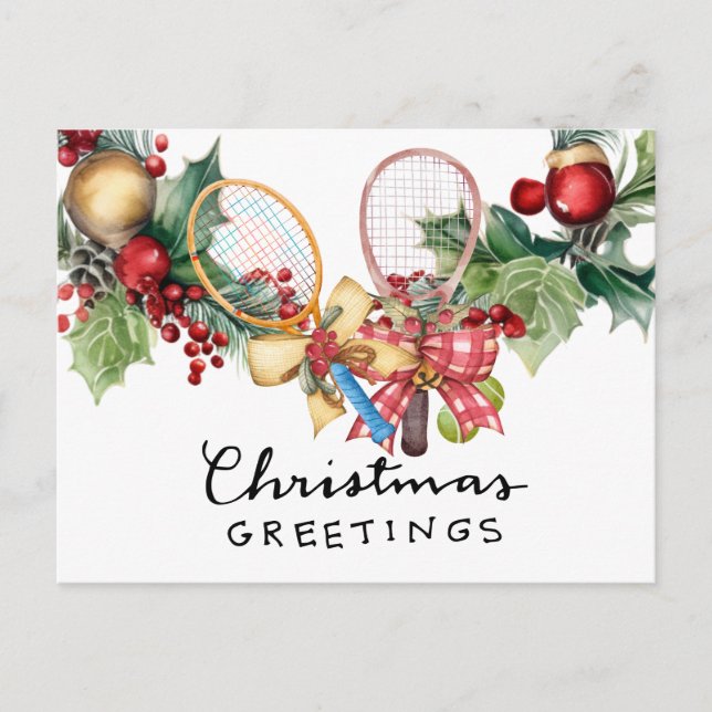 Postal Festiva Navidades de tenis con acuarela de raqueta (Anverso)