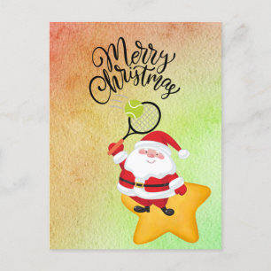 Postal Festiva Navidades de tenis con acuarela de Santa Claus