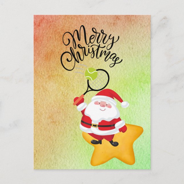 Postal Festiva Navidades de tenis con acuarela de Santa Claus (Anverso)