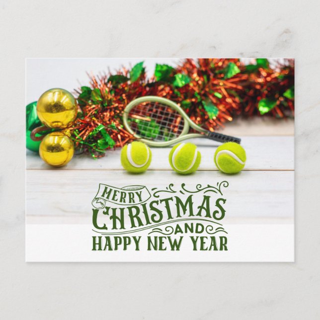 Postal Festiva Navidades de tenis con pelota de tenis y raqueta (Anverso)
