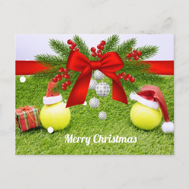Postal Festiva Navidades de tenis con pelota de tenis y sombrero  (Anverso)