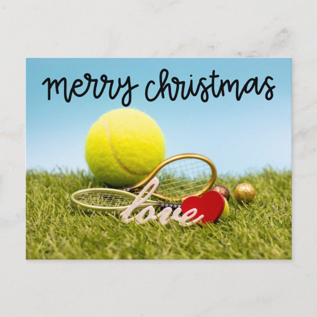 Postal Festiva Navidades de tenis pelota de tenis y raqueta con a (Anverso)