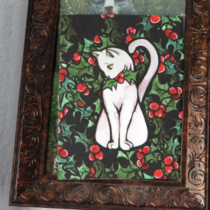 Postal Festiva Navidades de vacaciones Holly White Cat
