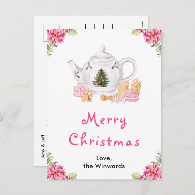 Postal Festiva Navidades de vacaciones Tea Pink Merry Christmas (Anverso / Reverso)