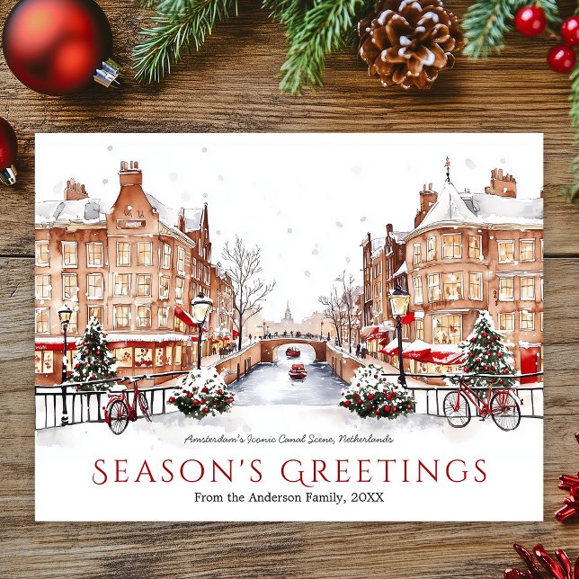 Postal Festiva Navidades de viajes de Watercolor Amsterdam Nether (Watercolor Amsterdam Netherland Travel Christmas Holiday Postcard)