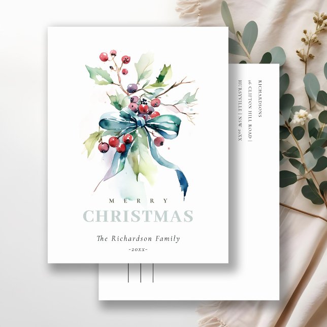 Postal Festiva Navidades de Watercolor Blue Green Winries Berries (Subido por el creador)