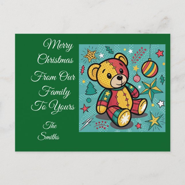 Postal Festiva Navidades de Whimsical Patchwork Teddy Bear (Anverso)