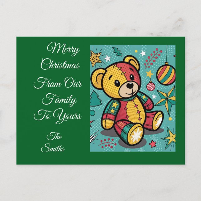 Postal Festiva Navidades de Whimsical Patchwork Teddy Bear (Anverso)