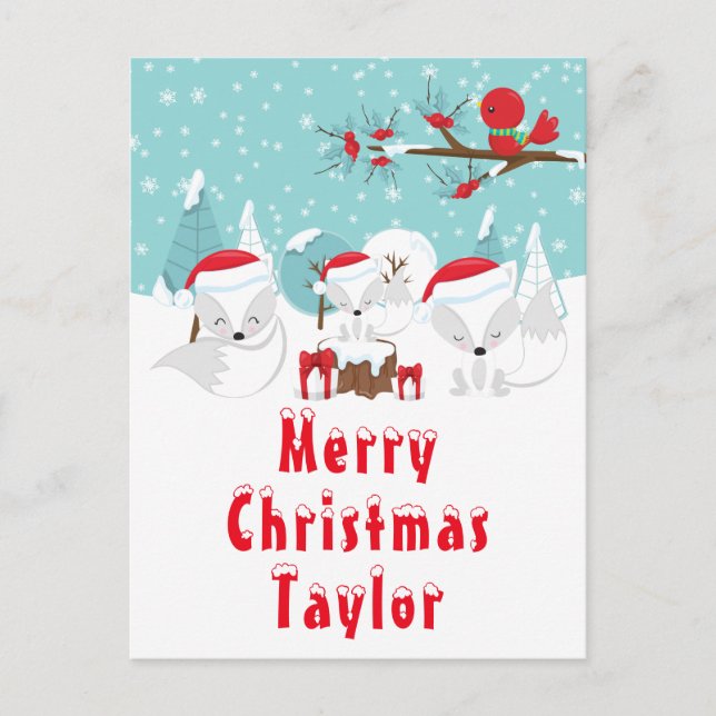 Postal Festiva Navidades de zorros del Ártico Woodland Feliz Navi (Anverso)