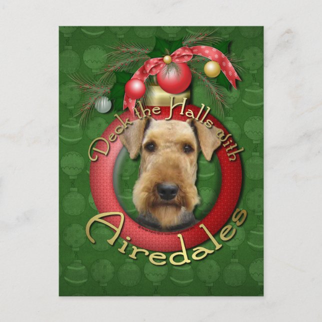 Postal Festiva Navidades - Deck the Halls - Airedales (Anverso)