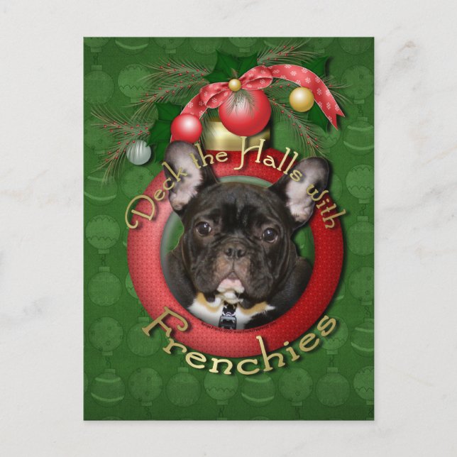 Postal Festiva Navidades - Deck the Halls - Frenchies - Verde azu (Anverso)