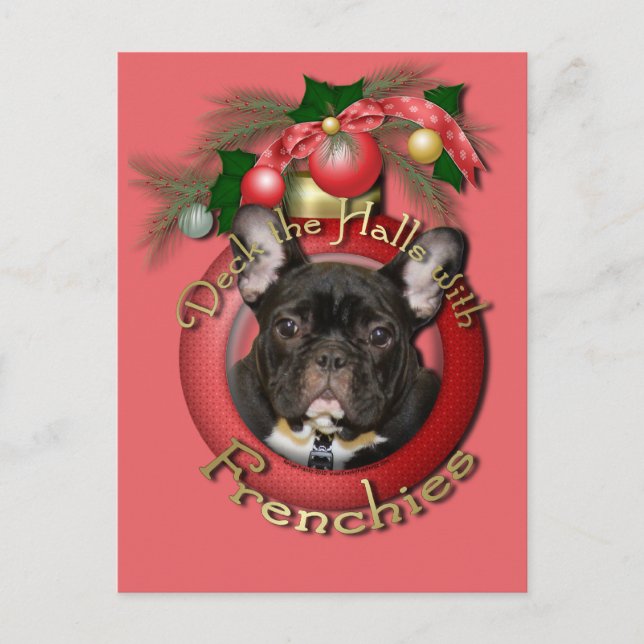 Postal Festiva Navidades - Deck the Halls - Frenchies - Verde azu (Anverso)