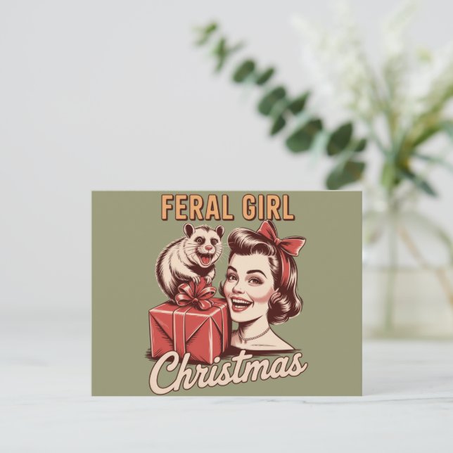 Postal Festiva Navidades del Chica Feral Opossum Xmas Trashy Retr (Anverso de pie)