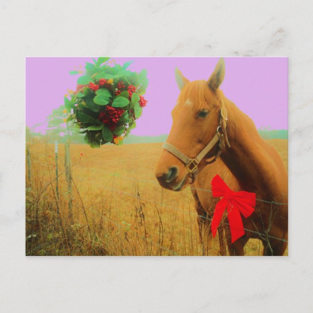 Postal Festiva Navidades del cielo rosa retro Caballo (Anverso)