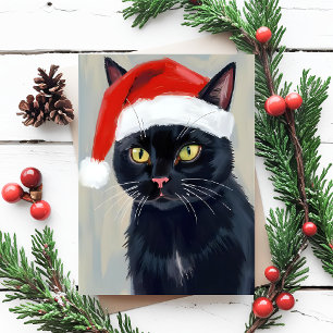 Postal Festiva Navidades del gato negro pintan sombreros de Santa