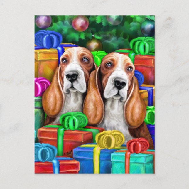 Postal Festiva Navidades del Hound de Basset abren regalos (Anverso)
