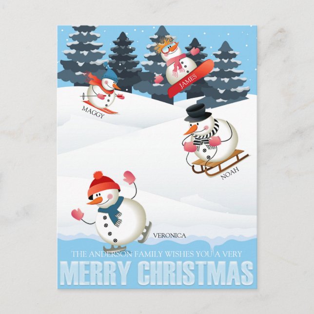 Postal Festiva Navidades del Ilustracion Wintersport Snowmen (Anverso)
