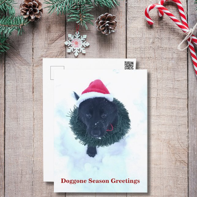 Postal Festiva Navidades del pastor negro alemán Wreath (Black German Shepherd Puppy Christmas Wreath Holiday Postcard)